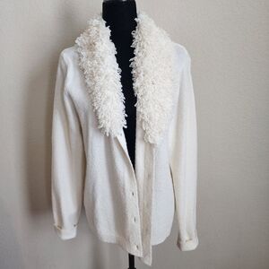Chico's Ivory Button Up Sweater, Fluff Neck Size 2